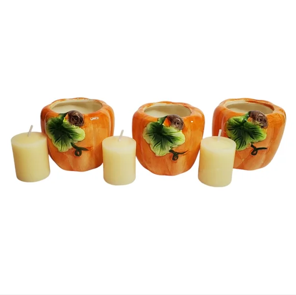 Pumpkin Candle Holders Fall Table Ceramic Decor Lot of 3 - Picture 4 of 9